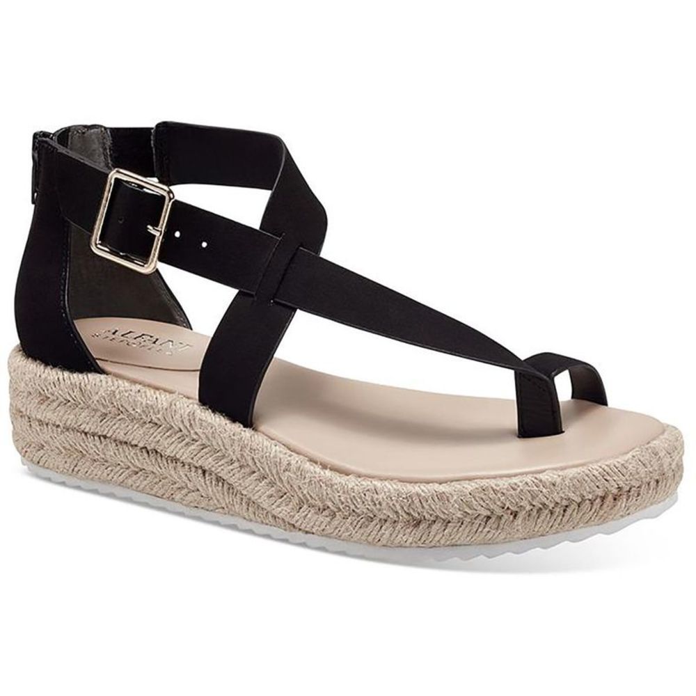 Alfani Womens Moira Black Microsuede Toe Loop Wedge Sandals Shoes NWOB